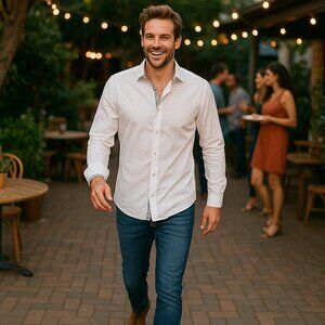 English Laundry Mens Hand Sewn White Shirt with Black Floral Trim Size M/14